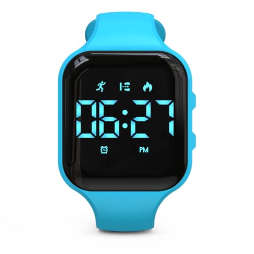 Focwony Kinder-LED-Fitness-Tracker-Uhr, Schrittzähleruhr Digitaluhr, Armbanduhr, Schrittzähler/Entfernung/Kalorien/Wecker, Tolles Geschenk für Kinder Teenager Mädchen Jungen (Blau-Quadrat) von Focwony