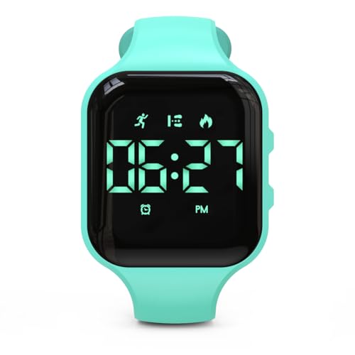 Focwony Kinder-LED-Fitness-Tracker-Uhr, Schrittzähleruhr Digitaluhr, Armbanduhr, Schrittzähler/Entfernung/Kalorien/Wecker, Tolles Geschenk für Kinder Teenager Mädchen Jungen (Grün-Quadrat) von Focwony