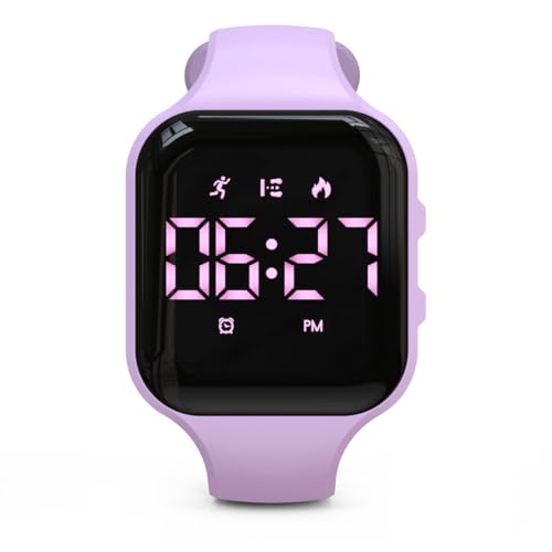 Focwony Kinder-LED-Fitness-Tracker-Uhr, Schrittzähleruhr Digitaluhr, Armbanduhr, Schrittzähler/Entfernung/Kalorien/Wecker, Tolles Geschenk für Kinder Teenager Mädchen Jungen (Lila-Quadrat) von Focwony