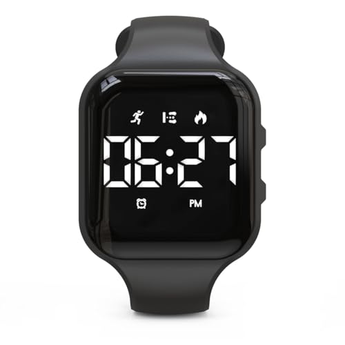 Focwony Kinder-LED-Fitness-Tracker-Uhr, Schrittzähleruhr Digitaluhr, Armbanduhr, Schrittzähler/Entfernung/Kalorien/Wecker, Tolles Geschenk für Kinder Teenager Mädchen Jungen (Schwarz-Quadrat) von Focwony