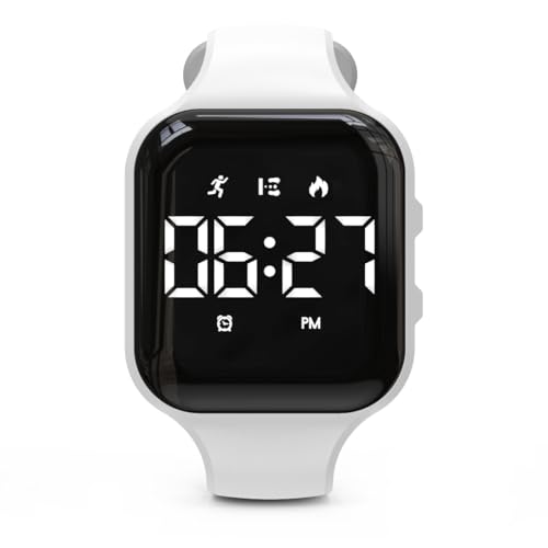 Focwony Kinder-LED-Fitness-Tracker-Uhr, Schrittzähleruhr Digitaluhr, Armbanduhr, Schrittzähler/Entfernung/Kalorien/Wecker, Tolles Geschenk für Kinder Teenager Mädchen Jungen (Weiß-Quadrat) von Focwony