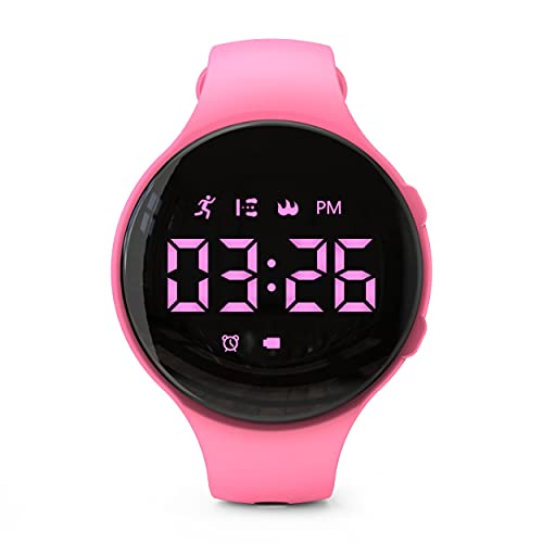 Focwony LED-Fitness-Tracker-Armbanduhr ohne Bluetooth, digitaler Schrittzähler, mit Schrittzähler, Entfernung, Kalorien, Stoppuhr, Wecker, tolles Geschenk für Kinder, Teenager, Mädchen,Pink, Riemen von Focwony