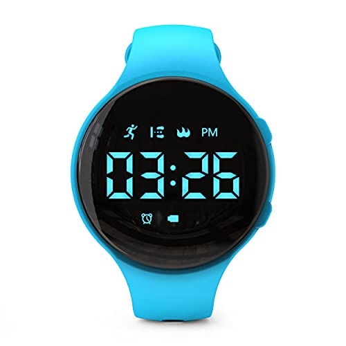 Focwony LED-Fitness-Tracker-Armbanduhr ohne Bluetooth, digitaler Schrittzähler, mit Schrittzähler, Entfernung, Kalorien, Stoppuhr, Wecker, tolles Geschenk für Kinder, Teenager, Rund – Blau, Riemen von Focwony