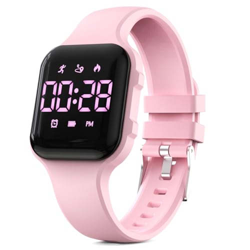 Focwony LED Kinder Multifunktions Schrittzähler Uhr Digitaluhr Kinder Schrittzähler Uhr Stoppuhr Wecker Kalorien für Frauen Kinder Mädchen Jungen (Rosa) von Focwony
