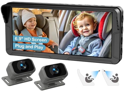 Dual Baby Autokamera für 2 Kinder - 6,9 Zoll Split-Screen HD Display, Infrarot Nachtsicht, Einfache Installation, Rücksitzkamera für Säuglings- & Kleinkindsicherheit, Kompatibel mit allen Automodelle von Fodkh