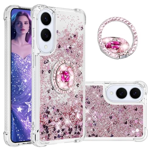 Fofvccv LSZ Schutzhülle für Samsung Galaxy S25 Edge, transparenter Glitzer, fließender flüssiger Treibsand, glitzernde Hülle mit Diamantring-Halterung für Galaxy S25 Edge, LSZ Roségold von Fofvccv