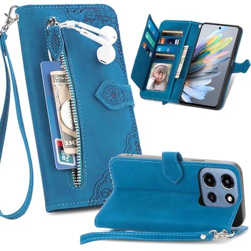 Fofvccv Schutzhülle für Motorola Moto G (2025), PU-Leder, Klappetui mit Kartenhalter, Reißverschluss, Geldbörse und Handschlaufe, Lanyard, SZY Blau von Fofvccv