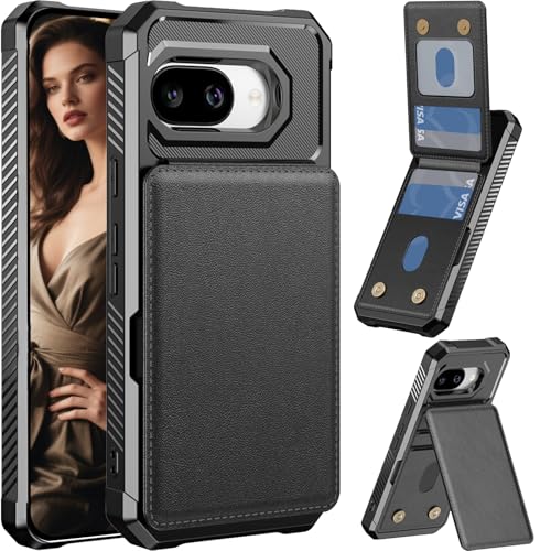 Fofvccv ZM Schutzhülle für Google Pixel 9a mit Kartenhalter für Damen und Herren, Flip-PU-Leder, Magnetverschluss, Kreditkartenfächer, Ständer, TPU-Bumper für Google Pixel 9a, Schwarz von Fofvccv