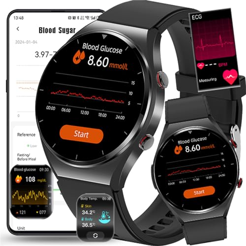 Fohatu ECG Smartwatch 𝐁𝐥𝐮𝐭𝐳𝐮𝐜𝐤𝐞𝐫,𝐁𝐥𝐮𝐭𝐳𝐮𝐜𝐤𝐞𝐫 Fitness-Tracker 𝐄𝐂𝐆 Pulsschlag Temperatur Pulsschlag Blut Blutsauerstoff Schlafüberwachung, Schrittzähler Aktivitätstracker,Black von Fohatu