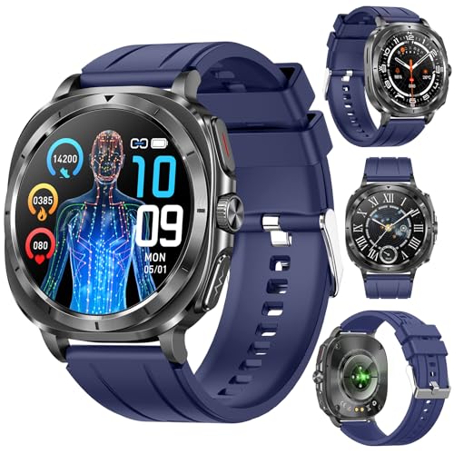 Fohatu Neu 𝐁𝐥𝐮𝐭𝐳𝐮𝐜𝐤𝐞𝐫 Smartwatch Herren 1.43”AMOLED mit EKG+HRV/Harnsäure/BMI/Annehmen/Anruf tätigen mit SOS-Notruf/Sportuhr Smartwatch für Android iOS (Blau) von Fohatu