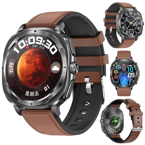 Fohatu Neu 𝐁𝐥𝐮𝐭𝐳𝐮𝐜𝐤𝐞𝐫 Smartwatch Herren 1.43”AMOLED mit EKG+HRV/Harnsäure/BMI/Annehmen/Anruf tätigen mit SOS-Notruf/Sportuhr Smartwatch für Android iOS (Braun) von Fohatu