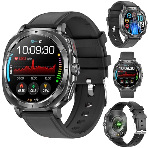 Fohatu Neu 𝐁𝐥𝐮𝐭𝐳𝐮𝐜𝐤𝐞𝐫 Smartwatch Herren 1.43”AMOLED mit EKG+HRV/Harnsäure/BMI/Annehmen/Anruf tätigen mit SOS-Notruf/Sportuhr Smartwatch für Android iOS (Schwarz-Leder) von Fohatu