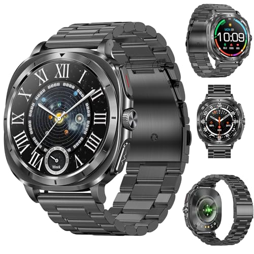 Fohatu Neu 𝐁𝐥𝐮𝐭𝐳𝐮𝐜𝐤𝐞𝐫 Smartwatch Herren 1.43”AMOLED mit EKG+HRV/Harnsäure/BMI/Annehmen/Anruf tätigen mit SOS-Notruf/Sportuhr Smartwatch für Android iOS (Schwarz-Stahl) von Fohatu