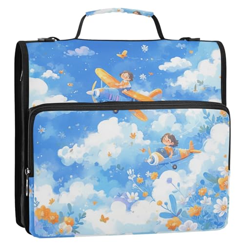 Blaues und weißes Flugzeug, 3,8 cm, 3 Ringe, Ordner mit extra Taschen mit Schultergurt und Griff, einfach zu tragen, tragbar, für Zuhause, Reisen, sichere Aufbewahrungstasche für Schule und Büro von Foiosoh