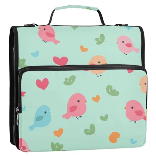Bunter Vogel und Herz, grün, 3 Ringe, 3,8 cm, Reißverschluss, Ordner mit Riemen, mehrere Taschen, Portfolio-Organizer für Mittelschüler von Foiosoh