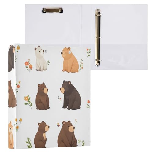 Foiosoh 3 Ringbuchordner 3,8 cm (1,5 Zoll), Notizbuchordner mit Tascheneinband, 1/2 Stück, Binder für Studenten, 200 Blatt, Braunbär und Pflanzenweiß von Foiosoh