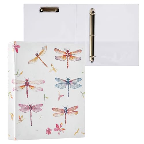 Foiosoh Notizbuchordner mit 3 Ringen, 3,5 cm (1,2 Zoll) Notizbuchordner mit Innentaschen, 1/2er-Pack, Ordner für Studenten, 200 Blatt, niedliche, bunte Libellen, Weiß von Foiosoh