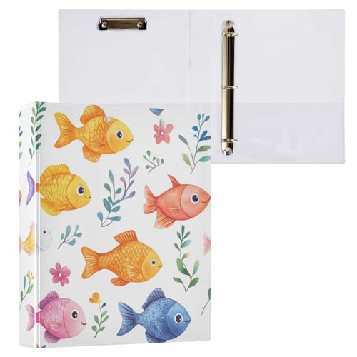 Foiosoh Notizbuchordner mit 3 Ringen, 3,5 cm (1 und 2 Zoll), Notizbuchordner mit Innentaschen, 1/2er-Pack, Schulbedarf, 200 Blatt, lustige Fische, Weiß von Foiosoh