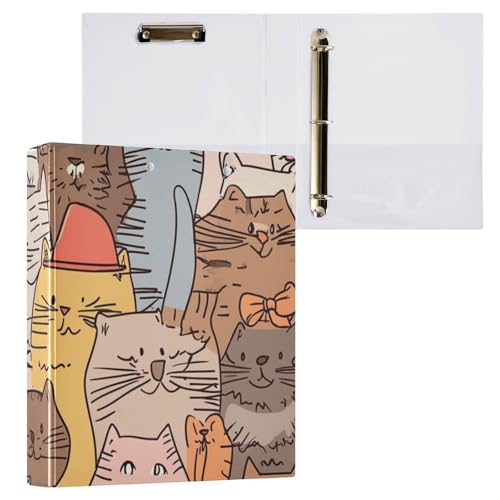 Foiosoh Notizbuchordner mit 3 Ringen, 3,5 cm (1 und 2 Zoll) Notizbuchordner mit Tascheneinband, 1/2 Packungen, Schulhefter, Hardcover, lustige Cartoon-Katzen, Kritzelei-Stil von Foiosoh
