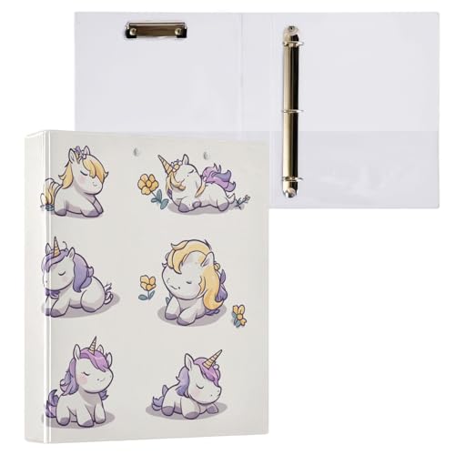 Foiosoh Notizbuchordner mit runden Ringen, 3,5 cm (1 und 2 Zoll) Notizbuchordner mit Klemmbrett, 1/2 Packungen, Ordner für die Schule, Hardcover, niedliche Einhörner, lila und gelb von Foiosoh