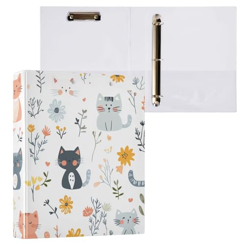 Foiosoh Ordner mit drei Ringen, 1 und 1/2 Zoll, mit Innentaschen, 1/2 Packungen, Ordner für die Schule, 200 Blatt, niedliche Katzen und Blumen, Weiß von Foiosoh