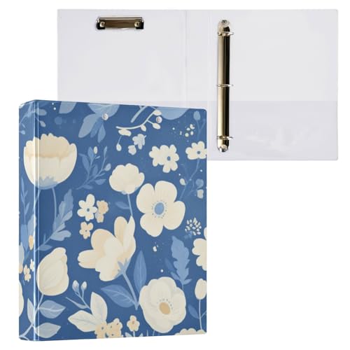 Foiosoh Ringbücher mit drei Ringen, 1 und 1/2 Zoll, mit Innentaschen, 1/2 Stück, Ordner für Schule, 200 Blatt, Blumen, Blau und Beige von Foiosoh