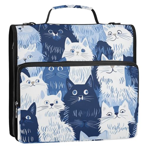 Funny Cats Ordner mit 3 Ringen, 3,8 cm, mit extra Taschen und Schultergurt, mehrere Taschen, tragbar, für Zuhause, Reisen, sichere Aufbewahrungstasche, geeignet für Mittelschule, Marineblau von Foiosoh