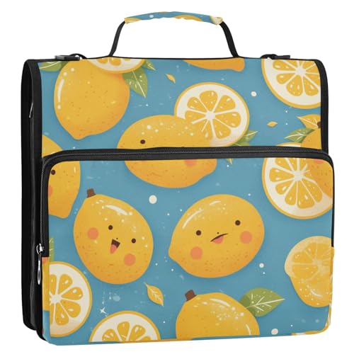 Lemon Happy-Muster, 3,8 cm, 3 Ringe, stabiler Reißverschluss, Ordner mit Gurt, einfach zu tragen, Schulordner, Organizer für die Schule von Foiosoh