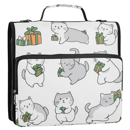 Lustige Katzen und Geschenk, weiß, 3 Ringe, 3,8 cm, Ordner-Reißverschluss mit Schultergurt, mehrere Taschen, Dokumenten-Aufbewahrungstasche für Mittelschüler von Foiosoh