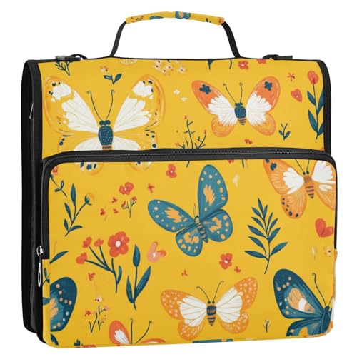 Mappe mit süßem Schmetterling und Pflanze, gelb, 3 Ringe, 3,8 cm, stabiler Reißverschluss, mit Schultergurt und Griff, mehrere Taschen, tragbares Portfolio für Büro, Schule von Foiosoh