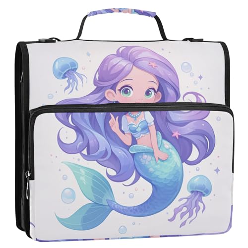 Meerjungfrau mit violettem Haar, 3,8 cm, 3-Ring-Organizer, Ordner mit Griff und abnehmbarem Schultergurt, Portfolio-Organizer, geeignet für Mittelschule von Foiosoh