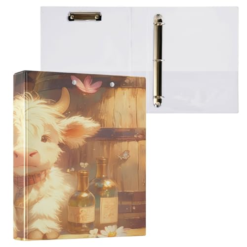 Notizbuchordner mit runden Ringen, 3,5 cm (1 1,2 Zoll) mit Innentaschen, 1/2 Packungen, Ordner für Studenten, 200 Blatt, Hochlandkuh, Flaschen, Schmetterlinge, Blumen von Foiosoh