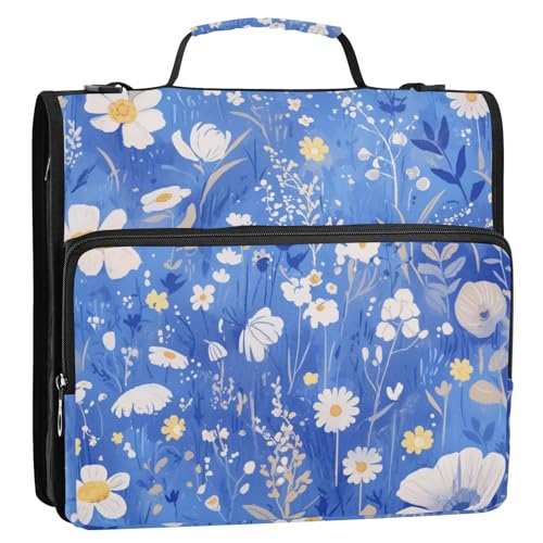 Ordner mit 3 Ringen, 3,8 cm, mit extra Taschen, mit Schultergurt und Griff, inklusive Reißverschlusstasche, Portfolio-Organizer für Schule und Büro, Blau und Weiß von Foiosoh