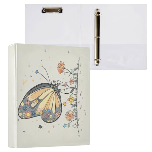 Ordner mit 3 Ringen, 3,8 cm (1 1/2 Zoll), mit Taschen, Schulbedarf, 200 Blatt, niedlicher Schmetterling, Beige von Foiosoh