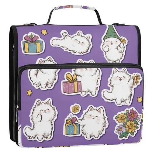 Ordner mit 3 Ringen, Motiv: Blumenstrauß, Katzen, Violett, 3,8 cm, mit extra Taschen und Schultergurt, inklusive Reißverschlusstasche, Portfolio für die Mittelschule von Foiosoh