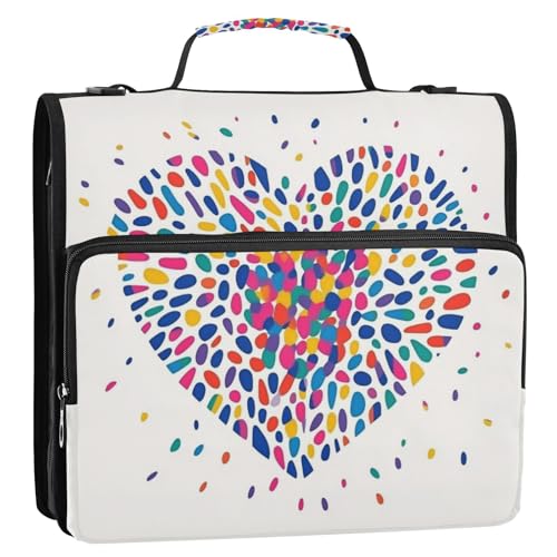 Ordner mit Regenbogen-Punkten, Herzen, 3 Ringe, stabiler Reißverschluss, mit Schultergurt und Griff, wasserdicht, tragbar, Portfolio für Büro, Schule von Foiosoh