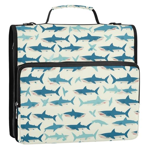 Ordner mit blauem Fischmuster, 3,8 cm, 3 Ringe, stabiler Reißverschluss, mit Griff und abnehmbarem Schultergurt, einfach zu transportieren, Portfolio-Ordner für Büro, Schule von Foiosoh