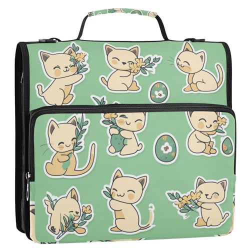 Osterei, balinesische Katzen, Grün, 3,8 cm, 3 Ringe, Ordner, Reißverschluss mit Schultergurt, wasserdicht, Dokumenten-Organizer, Tasche für Mittelschüler von Foiosoh