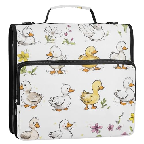 Pet Duck Ordner mit 3 Ringen, mit extra Taschen, Schultergurt und Griff, Portfolio-Organizer für die Schule, Weiß und Gelb von Foiosoh