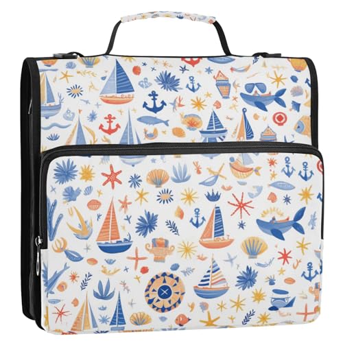 Sea Ship Bindertasche mit 3 Ringen, Reißverschluss, 3,8 cm, Dunkelblau, mit Griff, inklusive Reißverschlusstasche, Portfolio-Ordner für Schule/Büro von Foiosoh