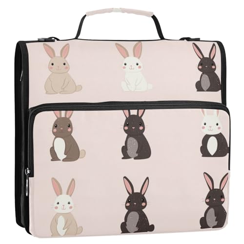 Süßes Kaninchen-Ordner, 3,8 cm, 3 Ringe, mit extra Taschen mit Gurt, mehrere Taschen, tragbar, für Zuhause, Reisen, sichere Aufbewahrungstasche für Mittelschüler von Foiosoh