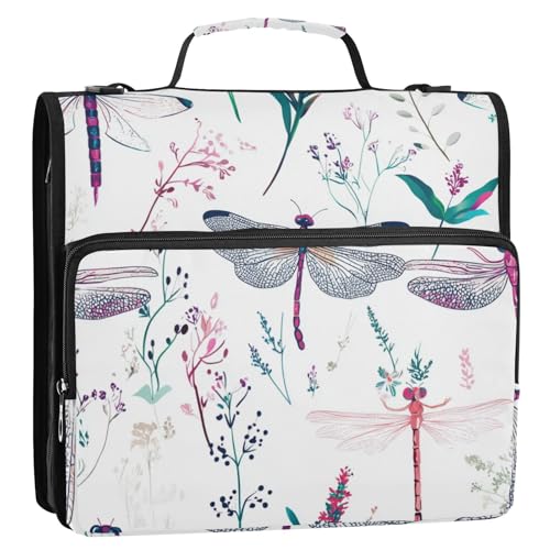 Süßes Libellen-Ordner mit 3 Ringen und extra Taschen, mit Griff und abnehmbarem Schultergurt, Multi-Taschen, Portfolio-Ordner für Schule/Büro von Foiosoh