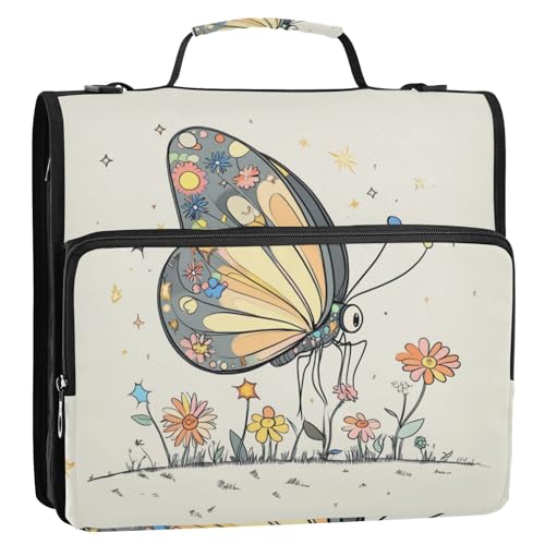 Süßes Schmetterlings-Ordner, 3,8 cm, 3 Ringe, stabiler Reißverschluss, mit Riemen, mehrere Taschen, Schulbedarf, Organizer, geeignet für Mittelschule, Beige, 3,8 cm von Foiosoh