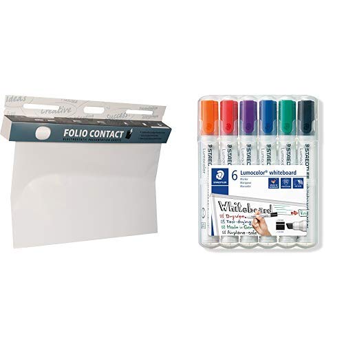 Folio Contact Whiteboard: die patentierte elektrostatische Folie - wiederbeschreibbar & Staedtler Lumocolor 351 B WP6 Whiteboard-Marker, Keilspitze ca. 2 oder 5 mm Linienbreite von Folio Contact