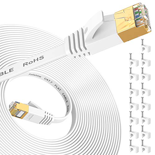 Folishine Ethernet Kabel 10M, Cat7 Internet Kabel High Speed mit vergoldetem RJ45 Stecker, geschirmtes LAN Kabel für Netzwerk-Switch, schneller als Cat5/Cat5e/Cat6-Weiß von Folishine