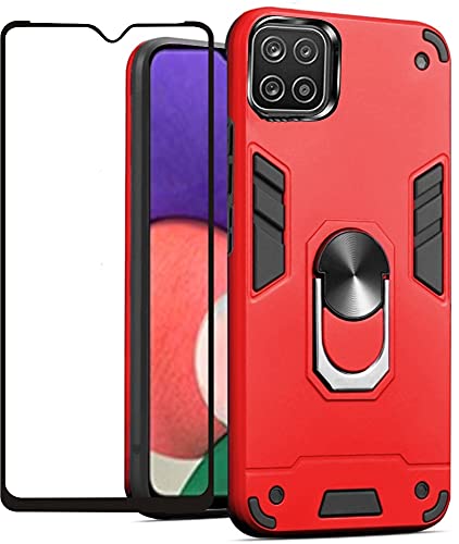 Folmecket Hülle für Samsung Galaxy A22 5G, Displayschutzfolie, 360 Grad drehbarer Metallring, Stoßdämpfung, verstärkte Ecken, TPU für Galaxy A22 5G (6.6 Zoll) (A22 5G Rot) von Folmecket