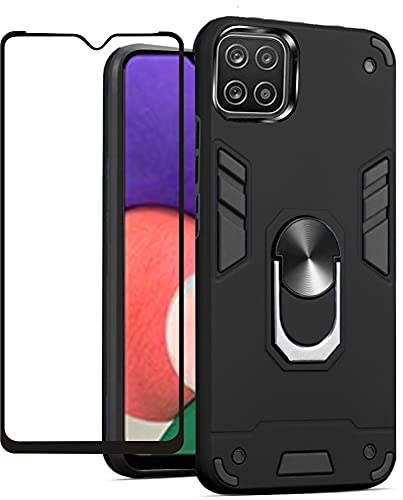 Folmecket Hülle für Samsung Galaxy A22 5G, Displayschutzfolie, 360 Grad drehbarer Metallring, Stoßdämpfung, verstärkte Ecken, TPU für Galaxy A22 5G (6.6 Zoll) (A22 5G Schwarz) von Folmecket