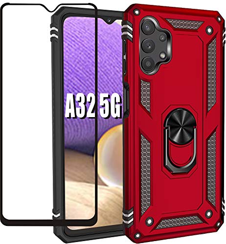 Folmecket Hülle für Samsung Galaxy A32 5G, Displayschutzfolie, 360 Grad drehbarer Metallring, Stoßdämpfung, verstärkte Ecken, TPU für Galaxy A32 5G (6.5 Zoll) Rot von Folmecket