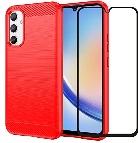 Folmecket Samsung Galaxy A34 5G Fall, Screen Protector Carbon Fiber Kratzfest, Stoßdämpfung Weiche TPU Gummi Schutz Handy Abdeckung für A34 5G 2023 6.6" Rot von Folmecket