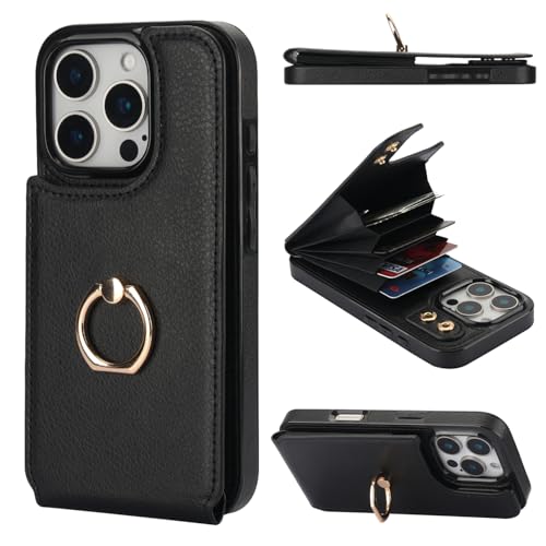 Folosu Kompatibel mit iPhone 16 Pro Hülle, Brieftasche mit Kartenhalter, 360° drehbarer Fingerringhalter, Kickstand, RFID-blockierend, Leder, schützende Doppelknöpfe, stoßfeste Abdeckung, 16,3 cm, von Folosu